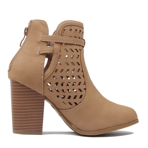 Tan Cutout Buckle Chunky Heel Bootie Boot Glenda-1 - Picture 3 of 5